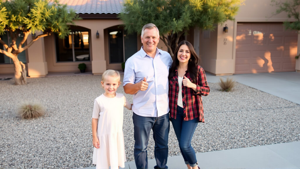 Happy family with new keys in front of Tucson home