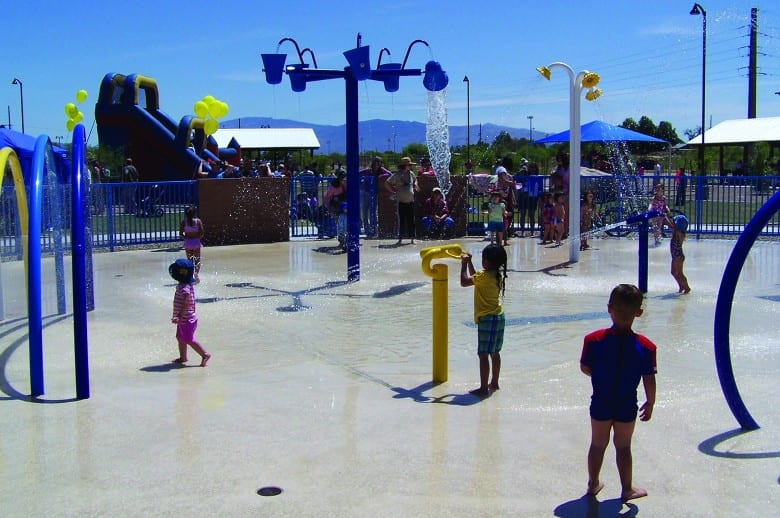 The splash pad in Brandi Fenton Memorial Park in Tucson AZ is a great place to take the kids in the summer