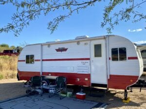 Our Riverside Retro Camper at the Campsite at Roosevelt Lake Marina