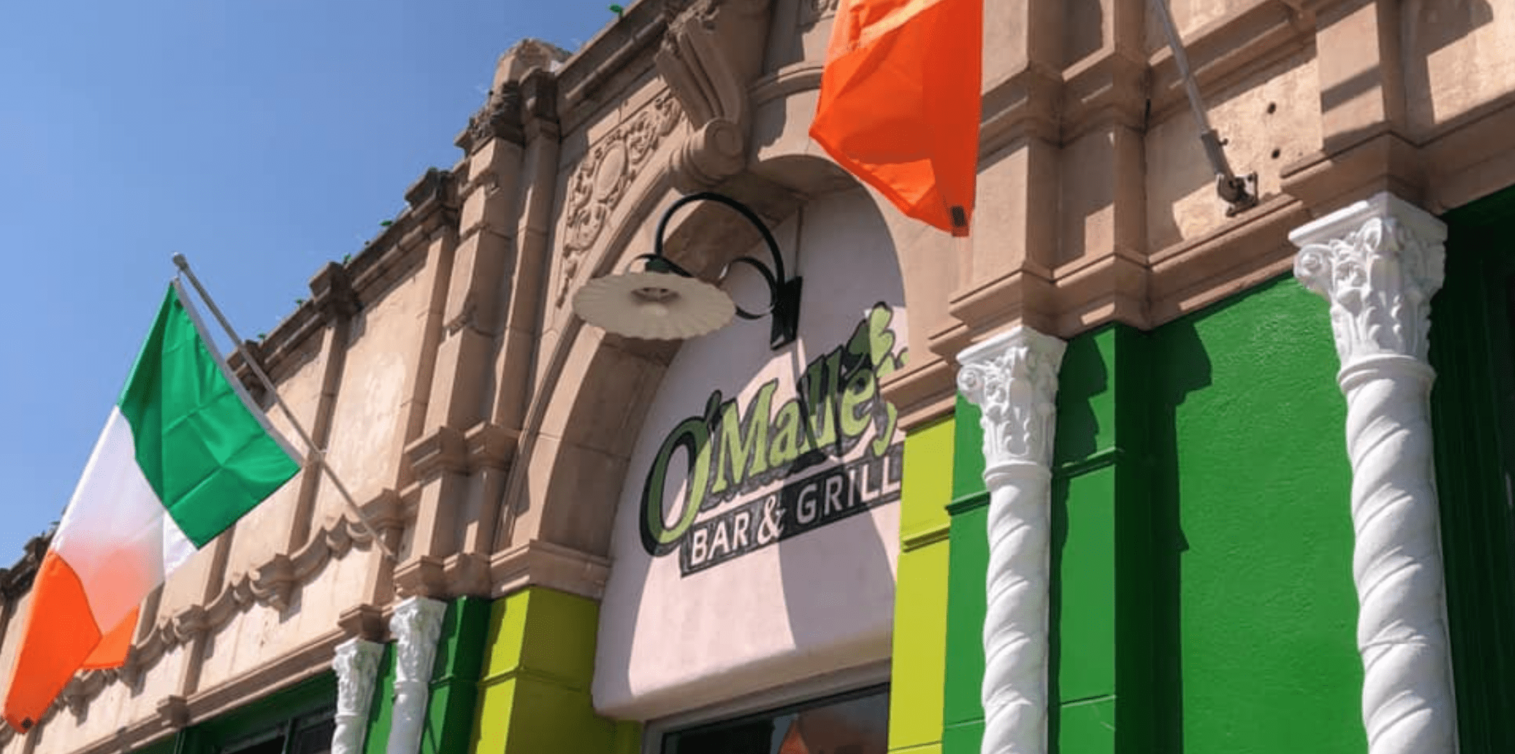 Front of O'Malleys with Irish Flags