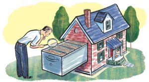 Image of a man looking at a file cabinet extending from his house. Illustration for researching your tucson home