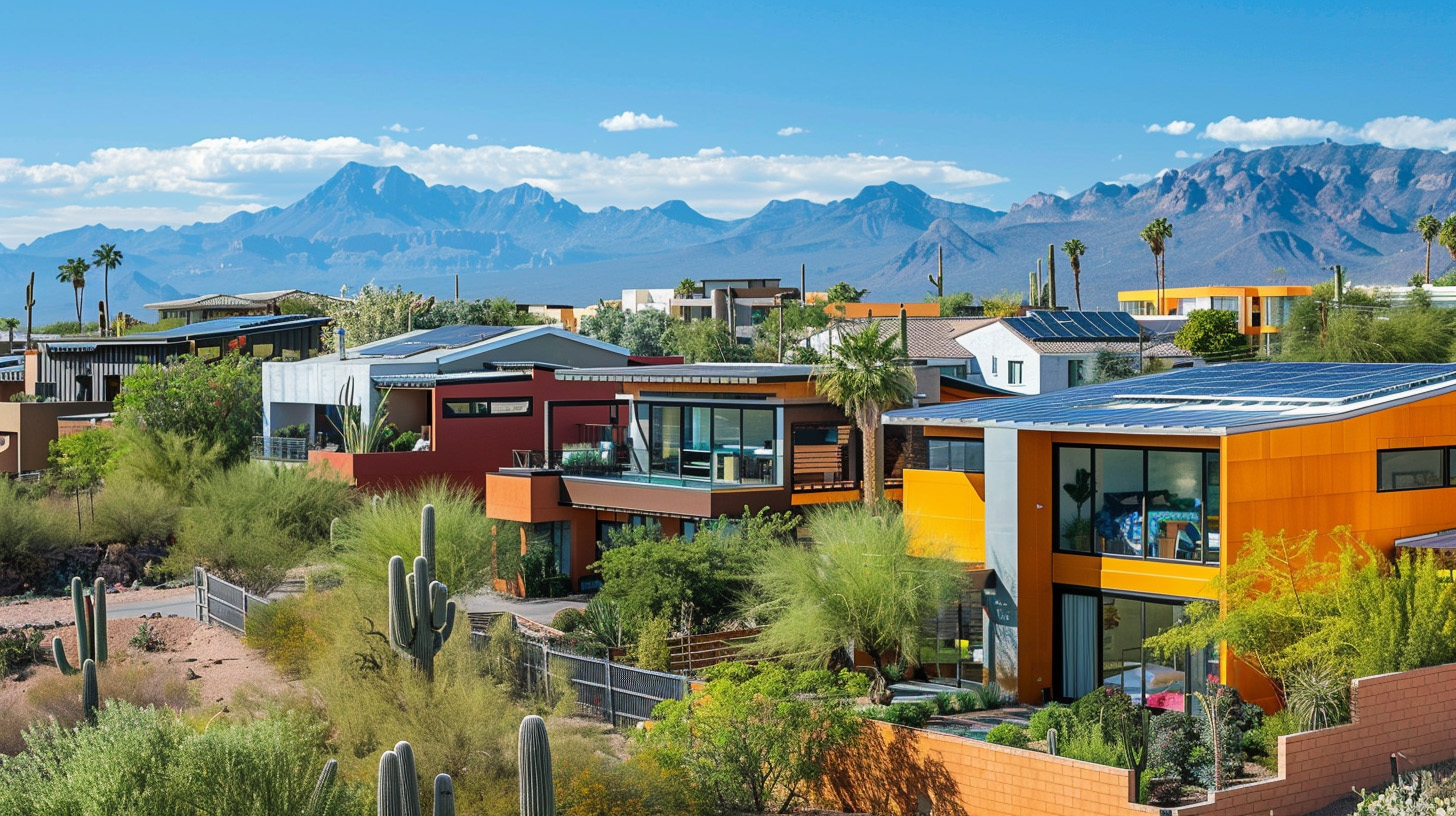 A picturesque Tucson neighborhood showcasing modern homes with solar panels and vibrant desert landscaping.