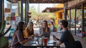 Tucson Gen Z Haven - Discover Why It's Ranked 6 Among the Best Places to Live Group of Gen Z individuals exploring downtown Tucson, showcasing a mix of technology and local culture