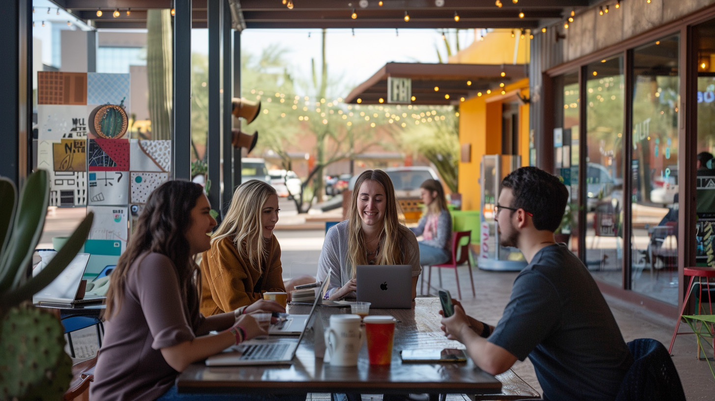 Group of Gen Z individuals exploring downtown Tucson, showcasing a mix of technology and local culture