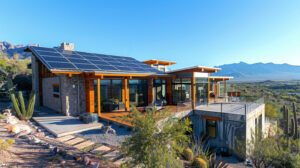 A Tucson home with solar panels, a rainwater harvesting system, and energy-efficient appliances.