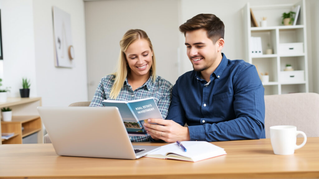 Couple reviewing a real estate guide on a laptop in a home office.