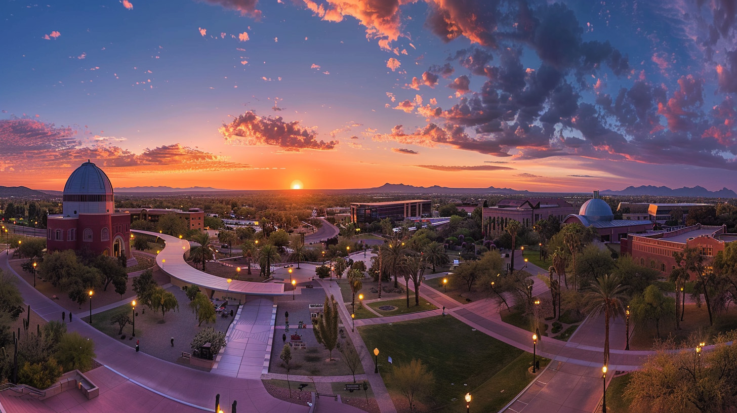 Panoramic view of the University of Arizona campus at dusk.