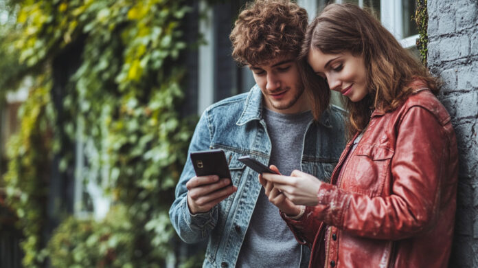 A young couple standing outside a home for sale, checking mortgage rates on a smartphone.