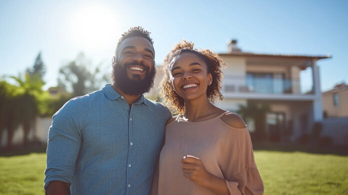 Happy couple holding keys in front of their new home