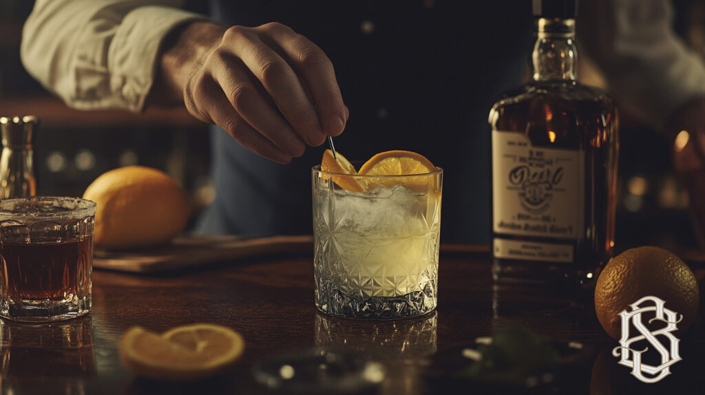 Close-up of a bartender crafting a "Polaroid Picture" cocktail with fresh citrus and high-end gin at Snake & Barrel.