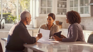 Weighing the Pros and Cons - What Lower Rates Could Mean for You A couple discussing homebuying options with a real estate agent at a kitchen table.