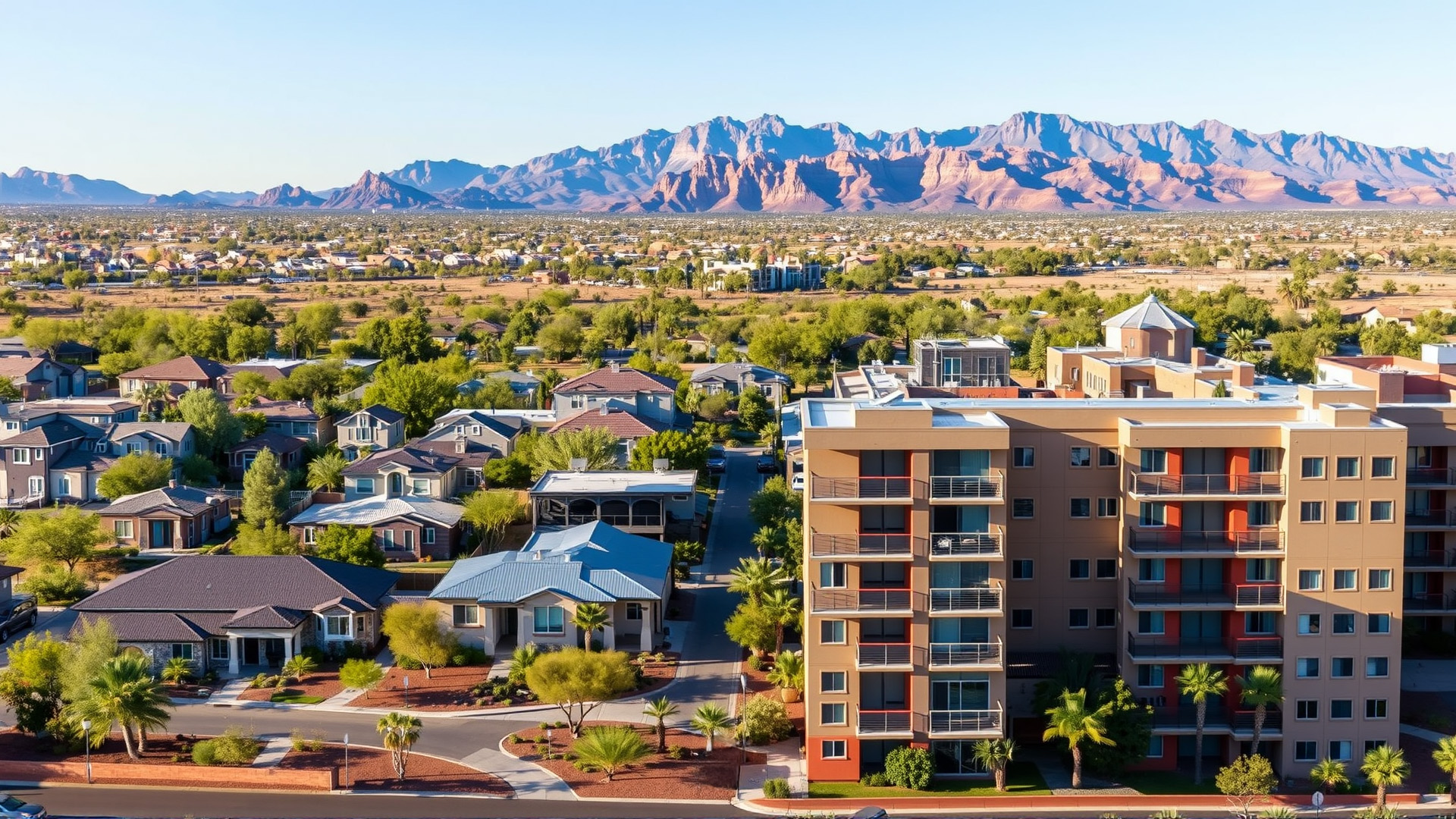 Split view of Tucson showing suburban homes and apartment complexes, representing the choice between buying and renting.