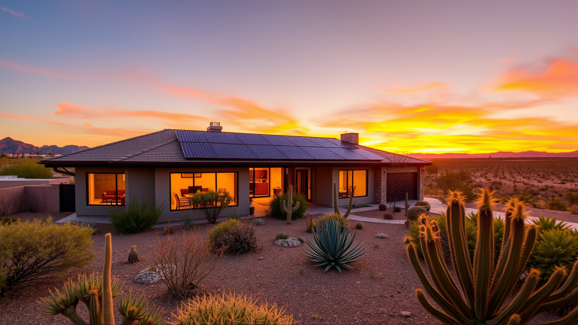 Energy-efficient Tucson home with solar panels and desert landscaping at sunset.