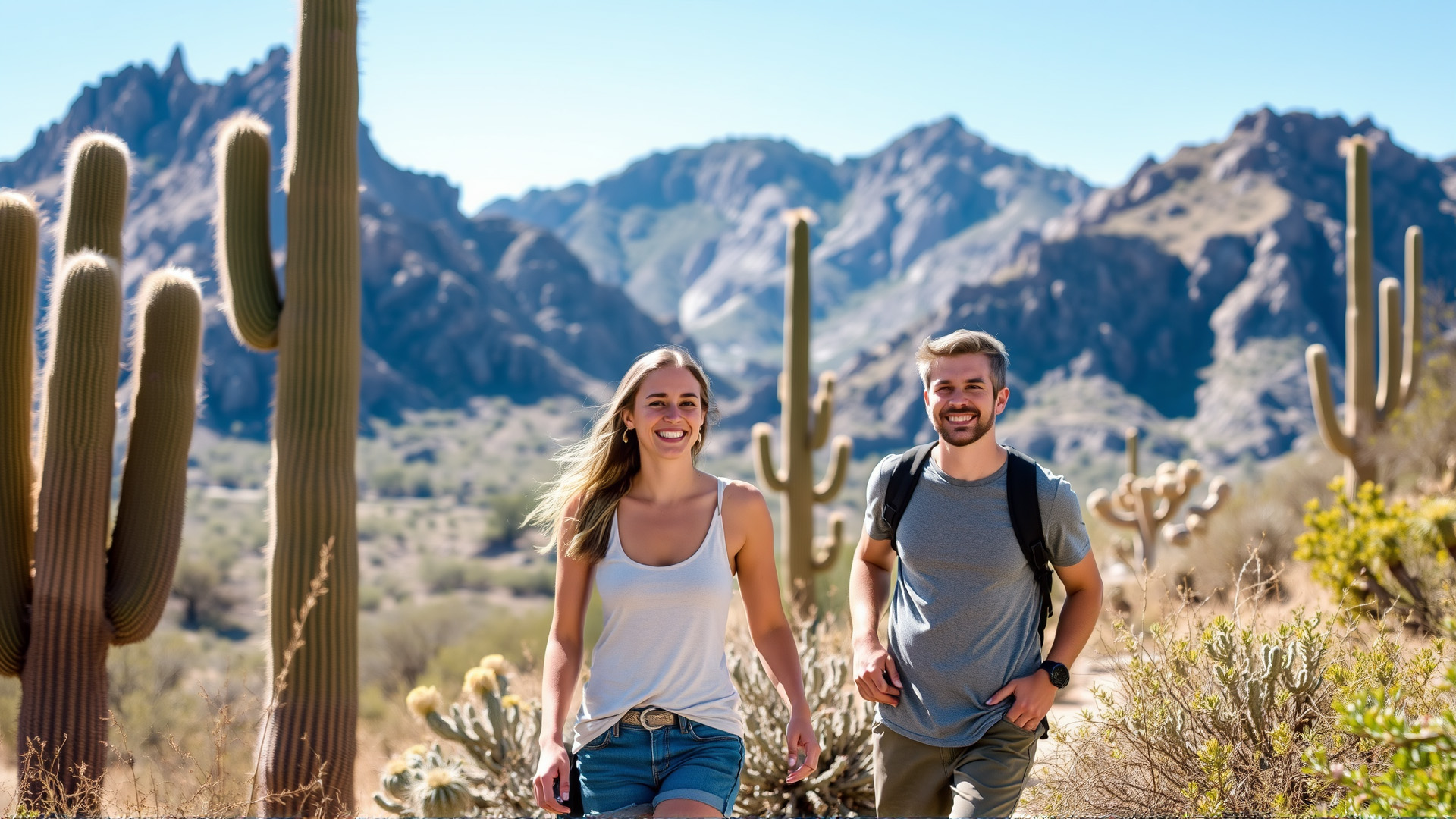 A couple hiking a desert trail in Tucson with saguaro cacti and the Santa Catalina Mountains in the background.