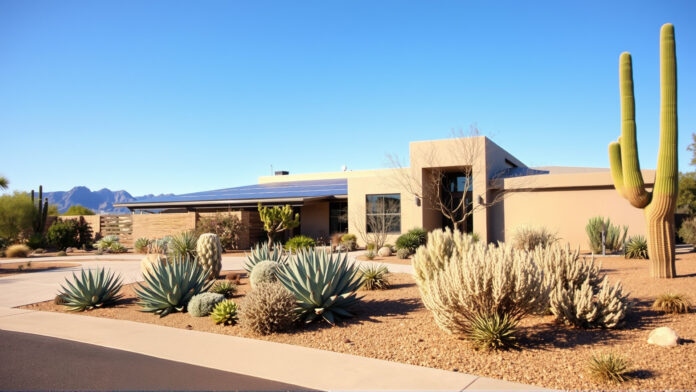 Sustainable Tucson Home with Mountain Views Modern Tucson home with desert landscaping and solar panels under blue sky