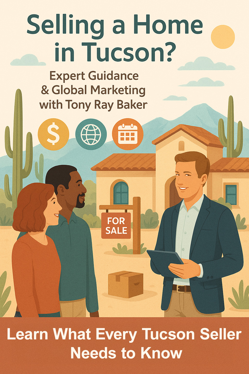 Illustration of a real estate agent consulting with home sellers in front of a Tucson-style house with a “For Sale” sign and desert landscape.