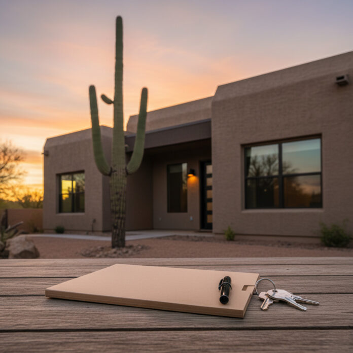 Arizona home at sunset with closing documents and keys in the foreground.