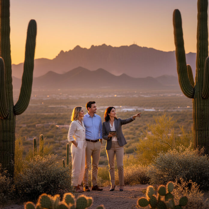 Realtor guiding a relocating couple at a Tucson desert overlook with saguaros and Catalina Mountain views.