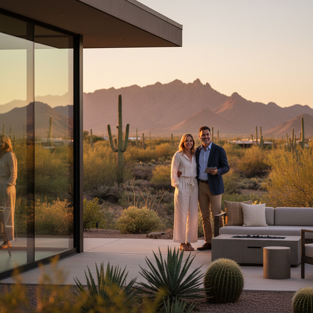 Realtor guiding a relocating couple on a Tucson patio with saguaro and Catalina Mountain views.